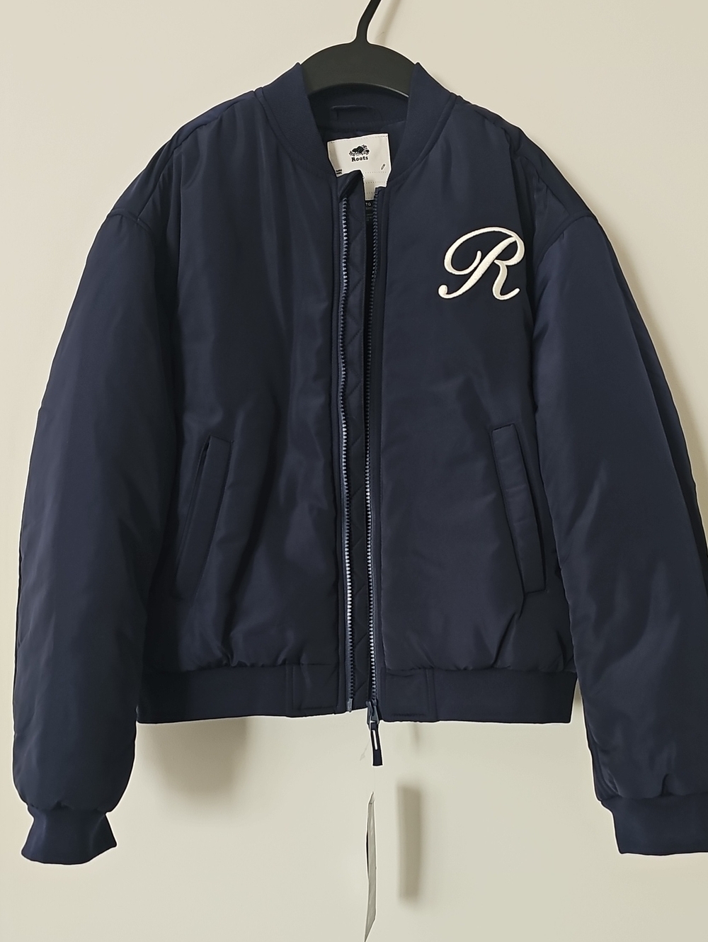 ROOTS | Signature Varsity Navy Bomber Jacket with White 'R' Patch - Kids.Sz XL